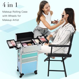 Adazzo Professional Rolling Makeup Train Case 4 in 1 Aluminum Trolley Case with 360° Rotation Wheels for Makuep Artist Cosmetic Suitcase Organizer with Lock and Key Diamond Pattern - Turquoise
