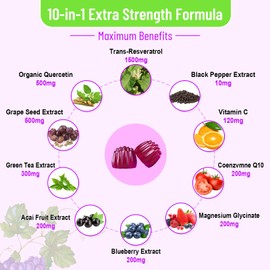 High Purity Resveratrol Gummies, 98% Trans-Resveratrol with Quercetin, Coq 10, Vitamin C, Reservatrol Supplement for Antioxidant, Anti-Aging, 60 Gummies