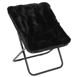 Flash Furniture Archer Saucer Chair with Folding Steel Frame, Portable Oversized Saucer Chair, for Dorm or Bedroom, 28", Black Faux Fur/Black Frame