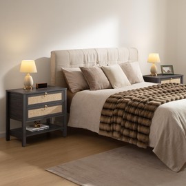 SICOTAS Night Stand with Drawers and Storage Shelf - Large Nightstands Rattan Decor Boho Bedside Table Narrow Side Table for Bedroom, Small Space