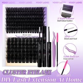 Lash Extension Kit DIY Eyelash Extension Wispy Individual Lashes Volume Lash Clusters with Lash Bond and Seal Tweezers Brush Easy to Apply at Home（100D+200D-D-1216Mix Kit）
