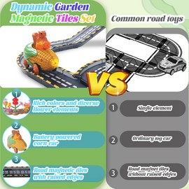 153PCS Magnetic Tiles Road Set with Toy Car & Flowers Building Toy, Magnet Tiles for Kids, Magnetic Building Blocks, STEM Toy Gift for Boys and Girls, Garden Track Themed