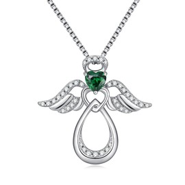 JiaYangJY Silver Guardian Angel Necklace 18K White Gold Plated Heart Infinity Pendant May Emerald Jewelry Gifts for Her