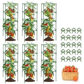 MYMULIKE 6 Pack Tomato Cage, Square Tomato Cages for Garden, Plant Trellis for Pots, Raised Garden Bed, Plant Support Stakes- 20 Clips Included