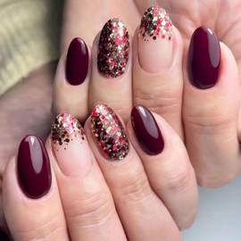 Short Round Press on Nails Burgundy Fake Nails with Glitter Sequins Designs Acrylic Glue on Nails Oval Short Nails Press ons Glossy False Nails Claret Cute Stick on Nails for Women 24Pcs