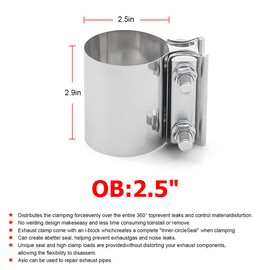 BESULEN 2.5 Inch Exhaust Clamp, 2 PCS Butt Joint Band Clamp Sleeve Coupler, Car Stainless Steel Muffler Band Clamp, Exhaust Pipes Repair Sleeve Connector, Car Exterior Accessories (2.5")
