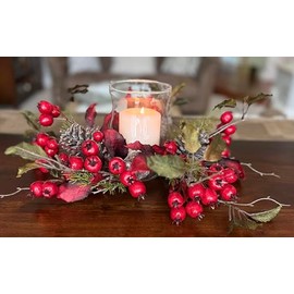 TenWaterloo Holiday Glass Hurricane Candle Holder with Berries, 16" Wide x 6" High, Pine Cones and Red Berry Centerpiece