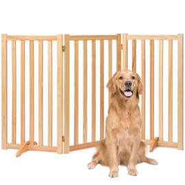 36" Height Extra Tall Freestanding Pet Gate, Solid Wood Folding Safety Fence Wooden Dog Gate with 2 PCs Support Feet Ideal for Stairs, Doorways, Halls, Kitchens, Heavy Duty Gates, 3 Panels, Oak