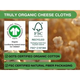 Organic Cheese Cloths, GOTS Certified, Grade 100, 36x36Inch, Reusable Cheese Cloth with Closed Edges Fabric Fine Mesh Cloth, Unbleached Cotton Muslin Cheesecloth for Straining,Cooking,Crafts - 9 Sq.Ft