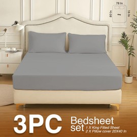 Cottonople 3 Piece King Size Fitted Sheets Set-120 GSM Brushed Microfiber Gray Bed Sheets(78Inx80Inx16In) with 2 Pillowcases-Ultra Soft Breathable Bottom Sheet-Hypoallergenic Fade Resistant Bedding