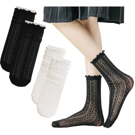 Ekieta Women's Socks, Cute, Lace, Cotton, Cute Socks, Cotton, Crew Socks, Thin, Breathable, Non-stuffy, Stylish, Lolita, Black and White, 2 Pairs Set, Spring and Summer, Wavy Pattern - 2 Pair Pack