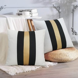 Faux Leather and Cotton Throw Pillow Covers 18x18 Inch Set of 2 Black and White Decorative Pillow Covers with Gold Stripe Patchwork Modern Farmhouse Accent Square Cushion Covers for Couch Sofa Bed