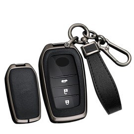 TECART Smart Car Key Case Zinc Alloy Key Cover Leather Protector fit for Toyota Corolla Cross Camry Fortuner Highlander Hilux Rav4 Sienna Vellfire Venza Harrier Key Fob Holder Keyring Black