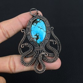Stunning Octopus Shaped Wire Wrap Y-Necklace with Blue Turquoise Gemstone Pendant - Handmade in India with Pure Copper Wire