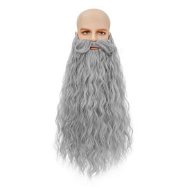 incohair Men’s 20inch Long Curly Gray Beard with Mustache, Grey Synthetic Fake Beard Costume for Halloween Cosplay Costume Facial Hair, One Size Fits All (Grey)
