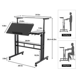 sogesfurniture Mobile Standing Desk, Portable Stand Up Desk, Small Adjustable Standing Desk Converter with Wheels Home Office Workstation, Rolling Desk Laptop Cart for Standing or Sitting, Black