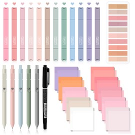 Jutom 38 Pcs Book Annotation Kit Aesthetic Highlighters Gel Pens Set Sticky Notes Tabs Markers Dual Ended Highlighter Quick Dry Ink Pens for Office Annotating Books(Pink Series,Square)