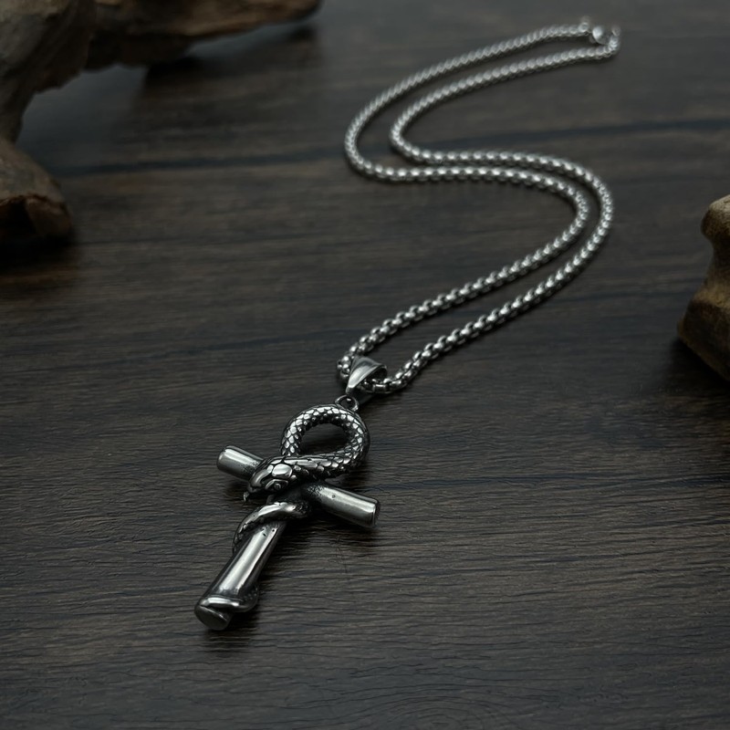 Rockyu Men's Stainless Steel Snake Motif Cross Necklace Silver Chain