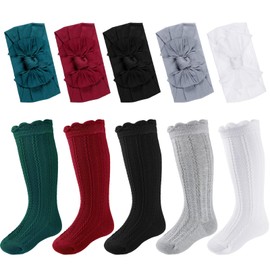 5 Pairs Baby Girl Knit Knee Sock with 5 Pieces Bowknot Headband (Medium,Multicolored)