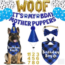 JOTFA Dog Birthday Decorations, Multi Sizes Dog Birthday Bandana Boy Dog Birthday Hat Numbers Bow Tie It’s My Bday Mother Puppers Sign Banner WOOF Balloons for Large Extra Large Dogs (Blue, X-Large)
