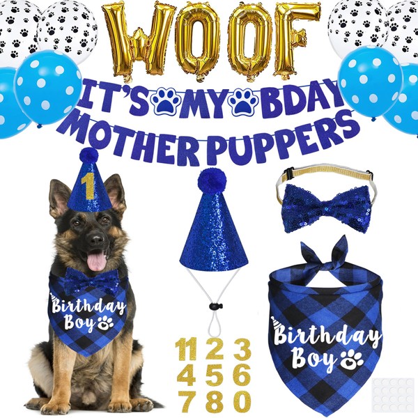 JOTFA Dog Birthday Decorations, Multi Sizes Dog Birthday Bandana Boy
