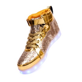 PYYIQI Glitter LED Shoes: Gold, Women's/Men's Unisex Adults, Size 11 (US), 11 Sole Lighting Modes, USB Rechargeable, Leather Upper, Flat Heel, Round Toe, Casual, Party, Dance