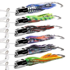 OCEAN CAT Copper Head Saltwater Trolling Lures Set Deep Sea Fishing Lure Rigged Circle Hook 6.5 in/8.5 in Soft Skirts for Catching Marlin Shark Mahi Tuna Wahoo Big Game Fishes (8.5"-6pcs/Bag)