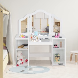 AKUSTIK Kids Vanity, 2 in 1 White Wooden Dressing Table for Toddlers with Tri-Folding Detachable Mirror, Storage Shelves, Pretend Princess Beauty Make Up Play Set for Little Girls