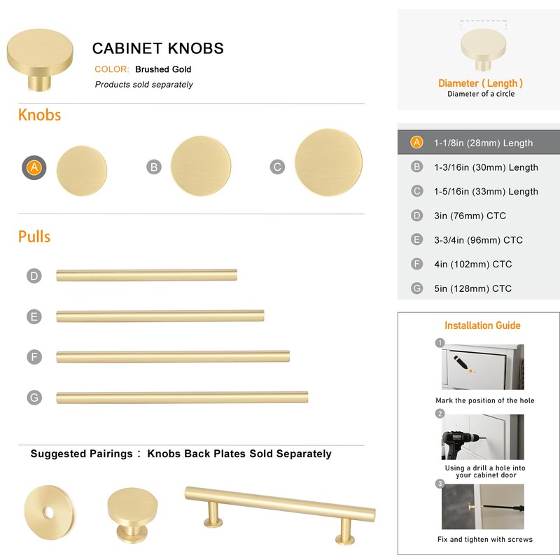 QOGRISUN 5-Pack Solid Brass Cabinet Knobs, 1-Inch Diameter, Round Gold