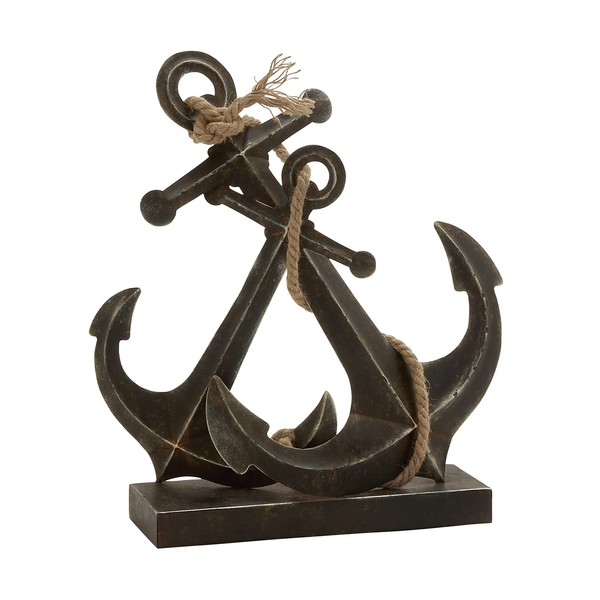 Deco 79 Metal Anchor Sculpture with Jute Rope Accents, 12" x 5" x 16", Black