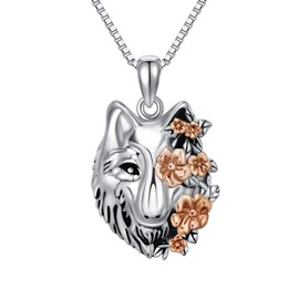 CUPENDA Wolf Necklace Sterling Silver Wolf Head with Flower Pendant Necklace Norse Viking Jewellery Gifts for Women