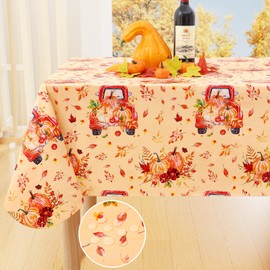 Smiry Fall Rectangle Table Cloth, Waterproof Vinyl Tablecloth with Flannel Backing, Wipeable Autumn Pumpkin Truck Plastic Tablecloths for Harvest and Thanksgiving Parties, 60"x140", Yellow