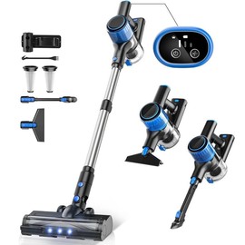 VICEASE Vacuum Cleaner Pro, 350W 33Kpa, 3 Modes Suction, Anti-Tangle Brush & Green LED, 10-in-1 Cordless Vacuum for Hard Floor/Carpet/Pet Hair/Car Cleaning Tools carpet cleaner - Color: Silver Blue