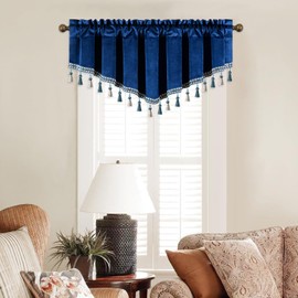 VOGOL Royal Blue Vintage Style Valance, Light Filtering Thick Fabric Solid Window Treatment for Book Room, Luxury Retro Velvet Swag Valances with Beaded Tassels, 1 Panel, 52 x 18