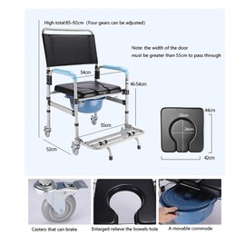 EQCOTWEA Mobile Shower Chair 3 in 1 Commode Toilet Wheel Chair 330lbs Transport Beside Bathroom Waterproof Shower Wheelchair with Detachable Bucket and Brakes Height Adjustable