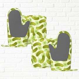 Dill Pickle Oven Mitts and Pot Holders Sets, 4pcs Silicone Non-Slip Kitchen Mitts Potholders Heat Resistant BBQ Gloves Hot Pads for Cooking Grilling Baking Microwave Chef Gifts Decor
