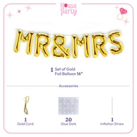 HOUSE OF PARTY Mr and Mrs Balloons Gold - 16 Inch Mr and Mrs Sign Letters Aluminium Foil Balloons Gold, Mr and Mrs Banner Mylar Balloons for Bride to Be, Bachelorette, Engagement Party Decorations
