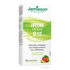 Jamieson Jamieson Iron plus Vitamin B12 Chewable - 18 mg Iron with 1,000 mcg Vitamin B12, Tropical Mango Lime Flavour (Packaging May Vary)