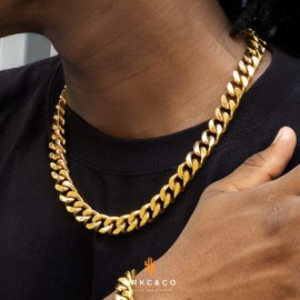 KRKC&CO 12 mm/14 mm Curb Chain, 18 K Gold/White Gold Plated, Cuban Link Chain, Stainless Steel Curb Chain, Men's Gold Cuban Link Chain, Silver Chain, Hip Hop Chain for Men and Boys, Size 46 - 66 cm, Stainless Steel, Gold-14 mm