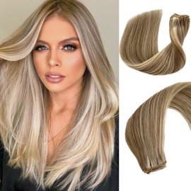 Human Hair Weft Sew in Extensions Double Weft Hair Weave Bundles Ash Brown Fading to Platinum Blonde Highlights Remy Real Hair Extensions Hair Wefts for Women 20 inch 100g
