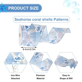 JarThenaAMCS Coral Seahorse Seashell Wired Edge Ribbon Blue Ocean Sea Craft Ribbon Fabric Ribbon for Summer Wreath Bow Making DIY Crafts Wrapping Party Decor Supplies, 12 Yard