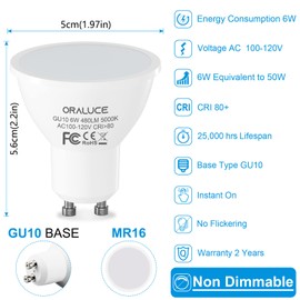 ORALUCE GU10 LED Bulbs 6W, 50W Halogen Equivalent, Non-dimmable, 5000K Daylight White, 120 V, 480 Lm, 120° Flood Beam Angle, MR16 Shape for Recessed, Track Lighting, Pack of 6