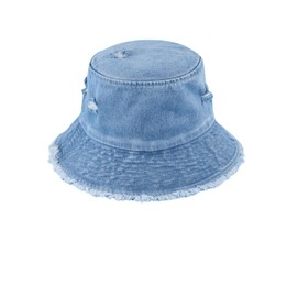Verdusa Women's Ripped Denim Bucket Hat Raw Hem Sun Hat Outdoor Cap Medium Blue One-Size