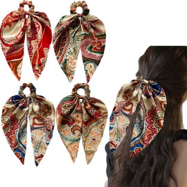 Fashion Bandana Paisey Hair Scarf Scruncheis for Women Girls, Bowknot Scrunchies for Hair, Chiffon Floral Scrunchie Long Hair Bands Ties Ponytail Holder