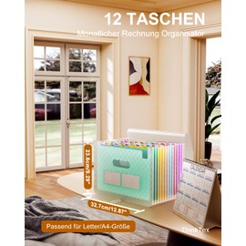ThinkTex Accordian Lever Arch File, 12 Pockets, Expandable File Folders, Portable Monthly Bill Receipt Organiser, Colourful Tabs, A4 Size - Green