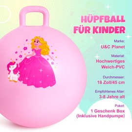 U&C Planet Bouncy Ball 45 cm Hopper Ball with Pump 18 Inch Jumping Ball for Children from 3 Years Inflatable Space Hoppers Jump Ball Indoor and Outdoor Pink Princess
