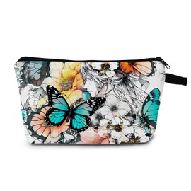 MoCaliduccious Flower Butterfly Print Women Makeup Bag Outdoor Travel Small Cosmetic Organizer Bag Zipper Toiletry Bag