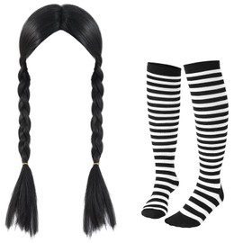 Wavwavw 2 Pieces Halloween Black Costume Set Include Long Straight with 2 Braids Wig and Black White Striped Socks High Socks for Women Halloween Costume Party Accessories