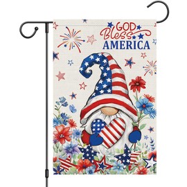 Heyfibro God Bless America Gnome Patriotic Garden Flag 12x18 Double Sided Burlap, 4th Of July USA Heart Star Fireworks Flower Yard Flags for Rustic Independence Day Outdoor Decor (ONLY FLAG)