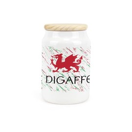Purely Home Welsh Dragon Ceramic Decaf Tea Storage Canister - Te Digaffein Wales Souvenir Themed Kitchen Food Storage Container & Wooden Lid 600ml (14.5cm x 9.5cm)